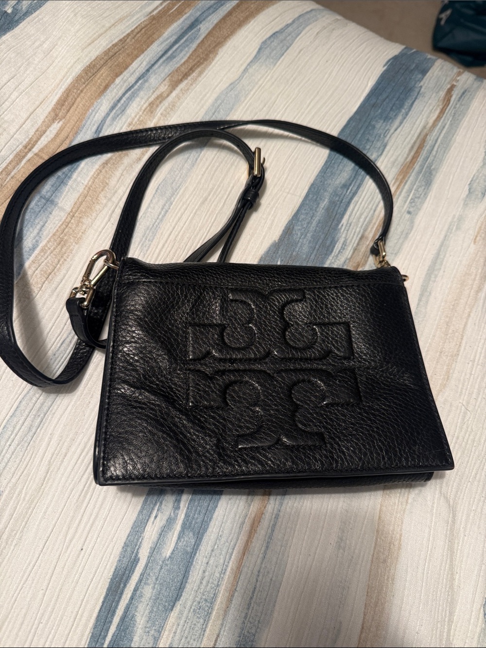 Tory Burch Black Pebbled Leather Logo Crossbody